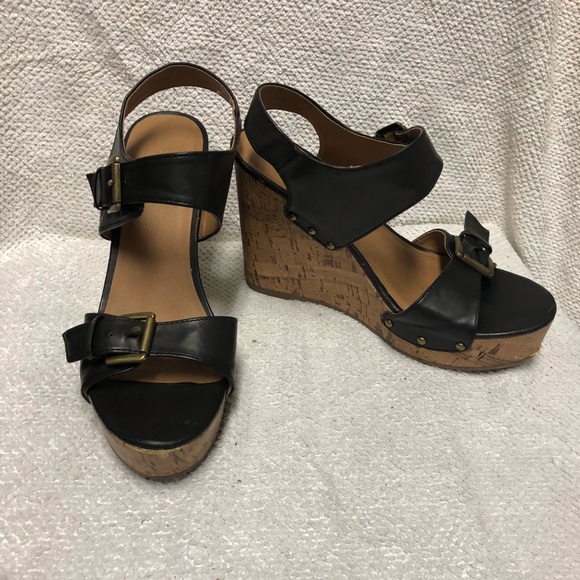 Neutral Brown Double Buckle Cork Wedges 7.5 - Picture 3 of 8